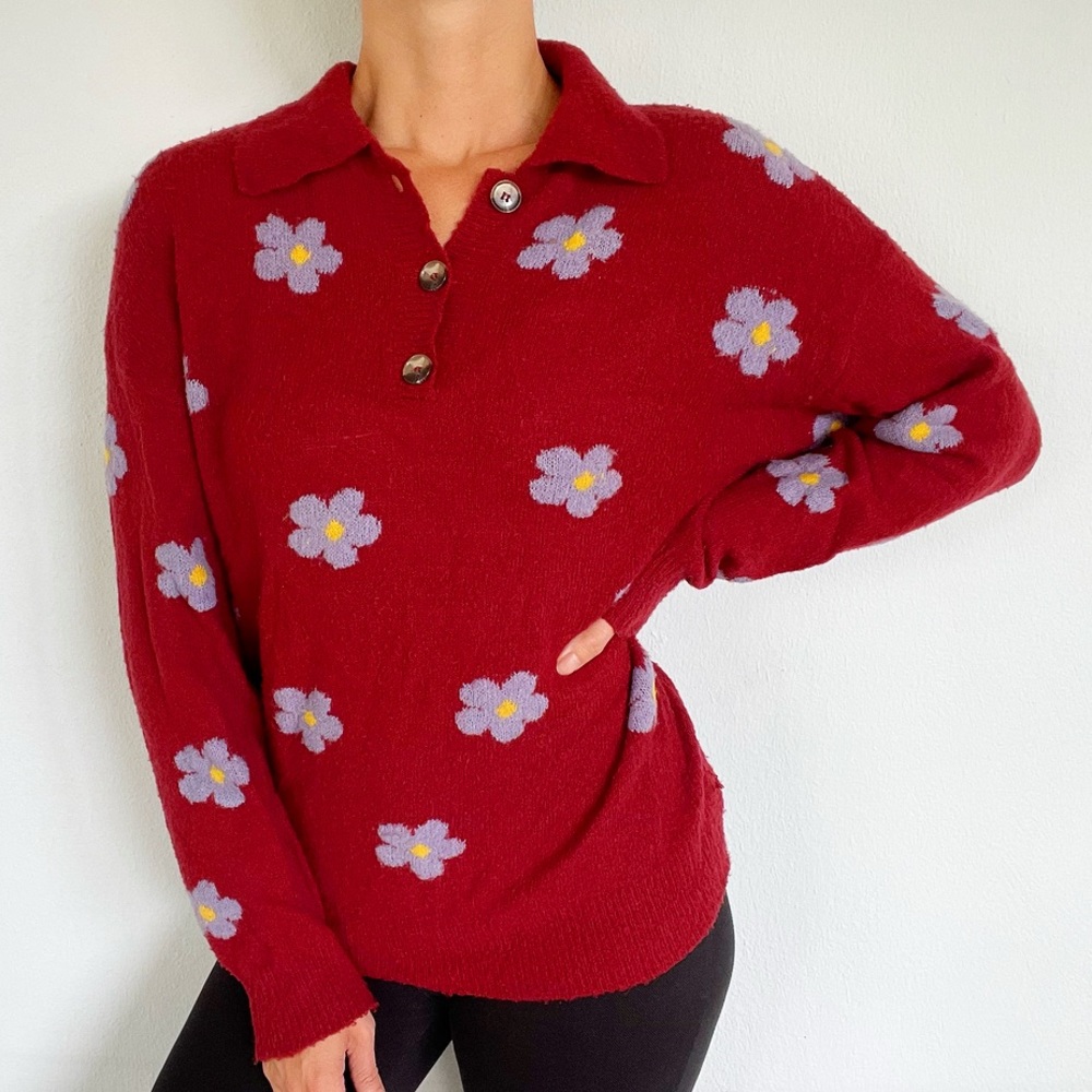 Forever 21 maroon purple floral collared fuzzy collared sweater size small
